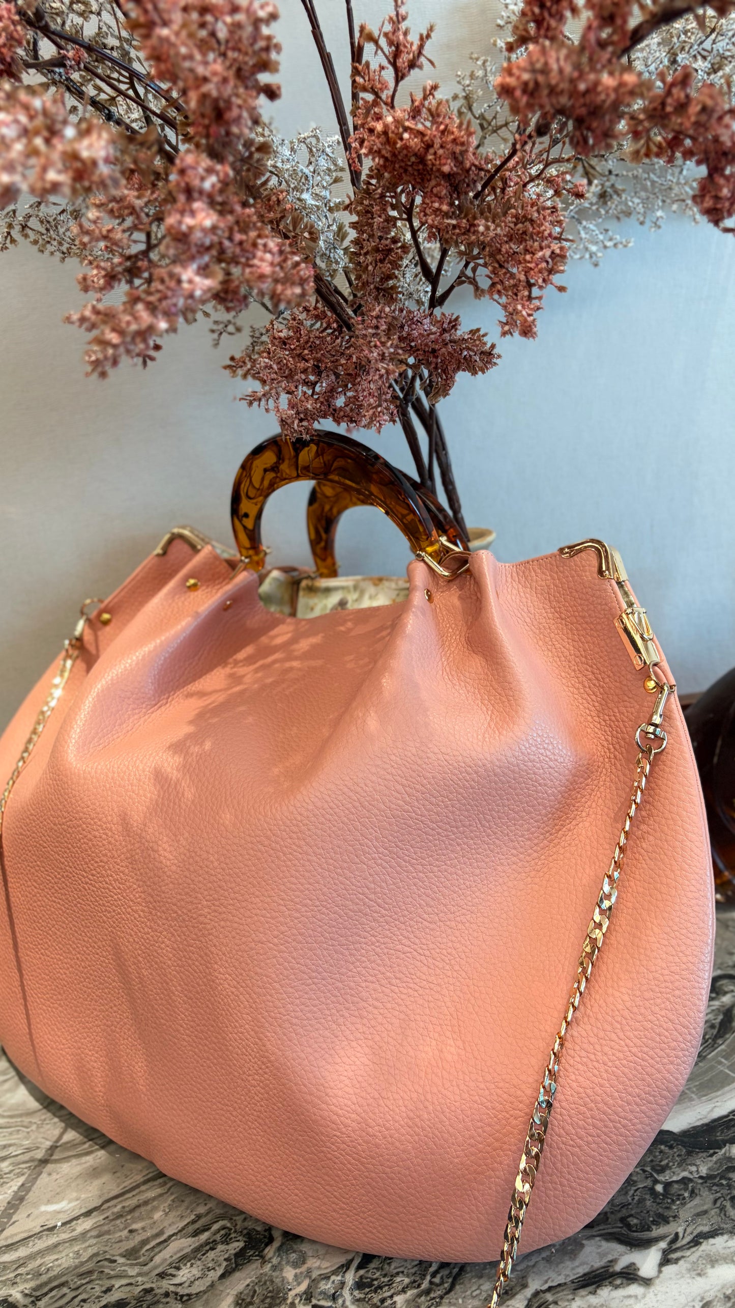 Pink Hanlebag, 49x36cm ,with Resin Tortoiseshell Handle