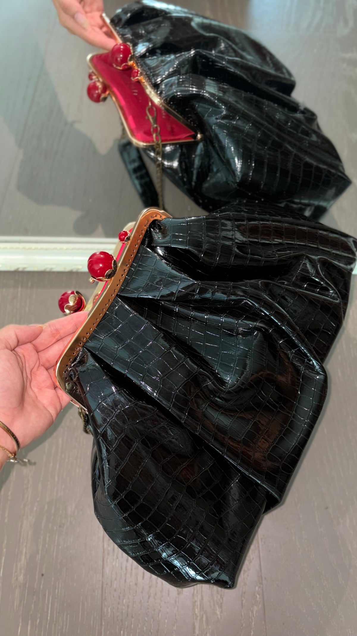 Crocodile Leather Bag-Red Pearl Kiss Lock