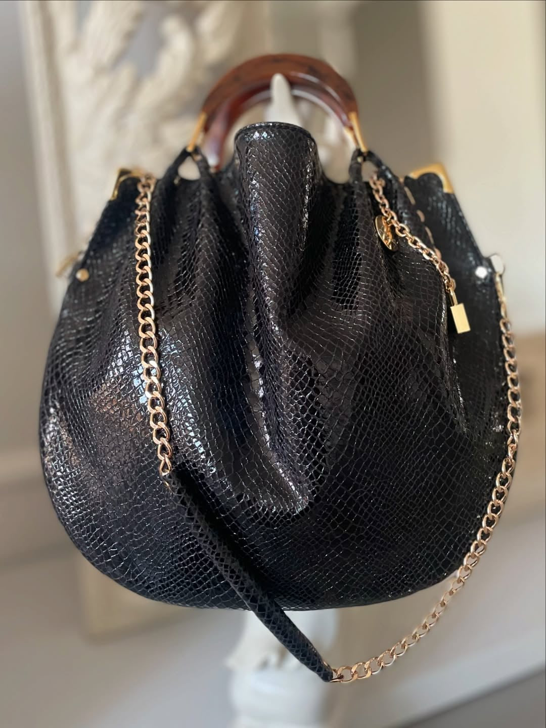 Polished Black Snakeskin with A Special Texture, Turtle Handles