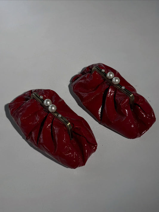 Red Leather Bag White-Pearl Kiss Lock,Frame Clutchbag