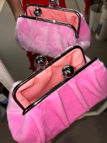 Pink Mink Fur Handbag-Big Ball Kiss Lock