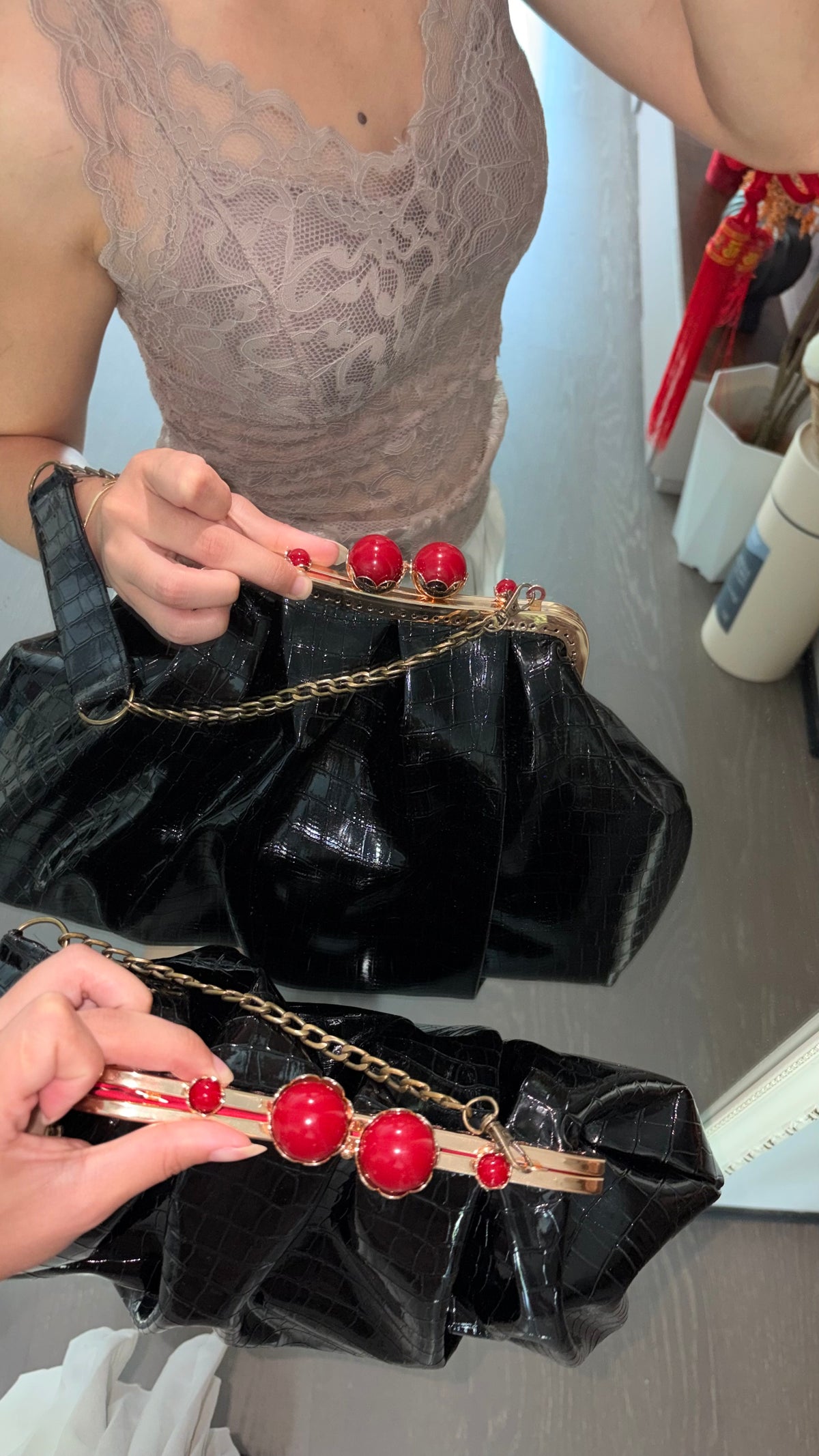 Crocodile Leather Bag-Red Pearl Kiss Lock