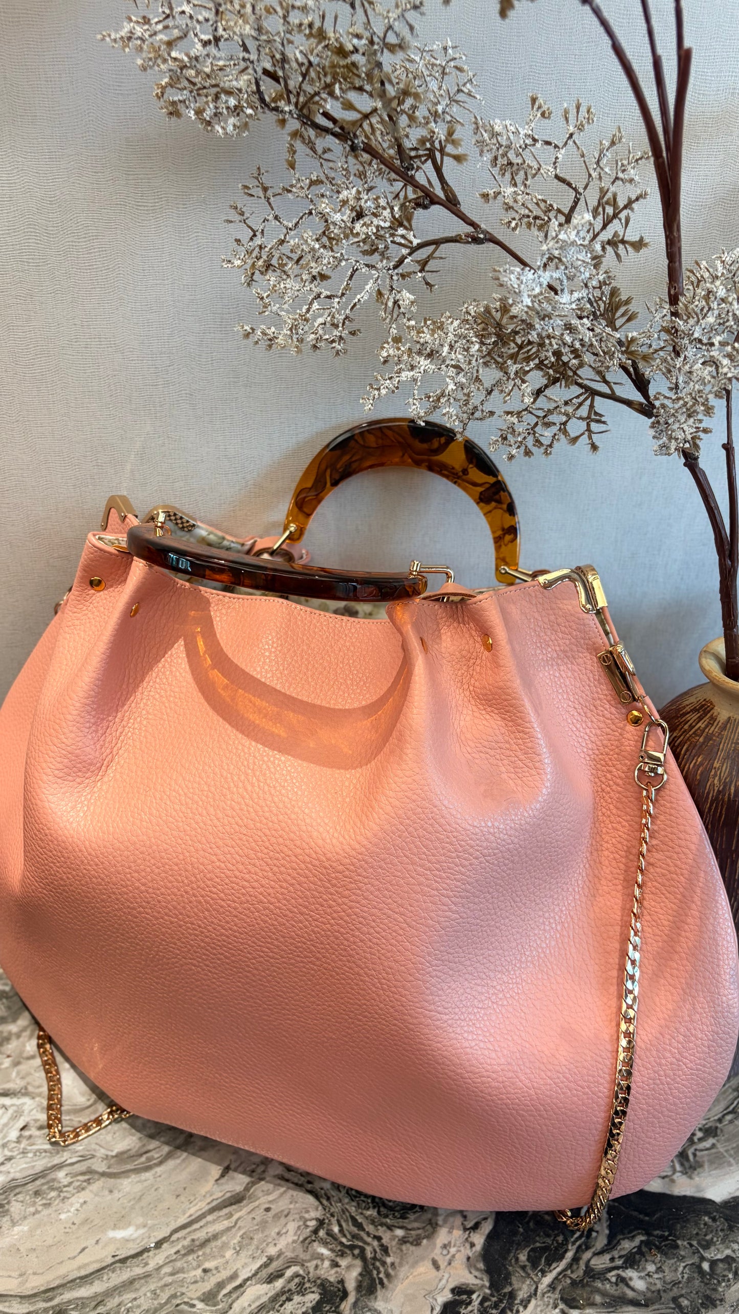 Pink Hanlebag, 49x36cm ,with Resin Tortoiseshell Handle