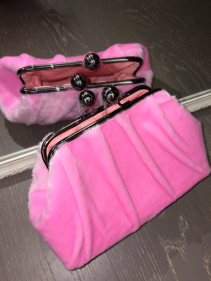 Pink Mink Fur Handbag-Big Ball Kiss Lock