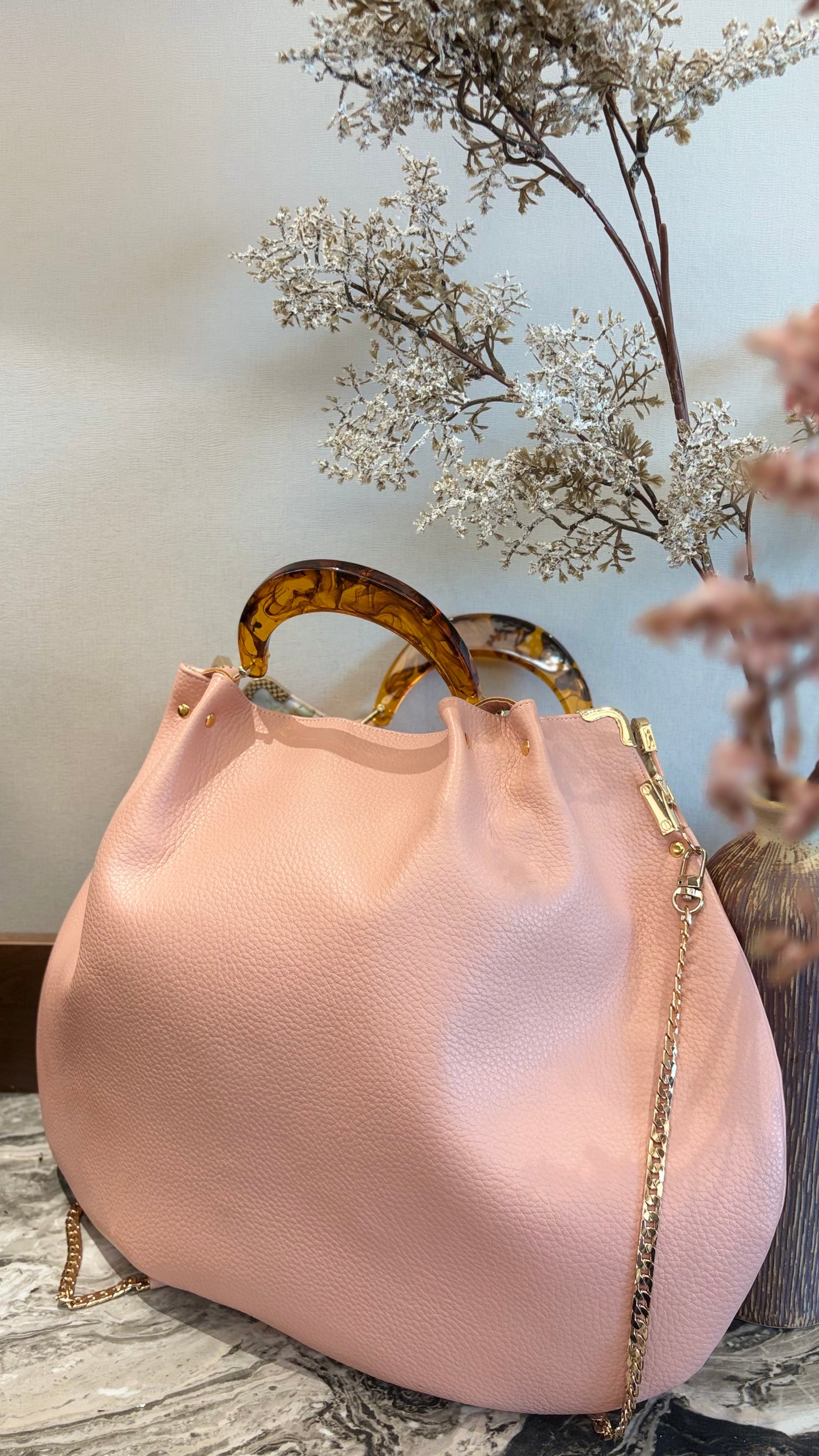 Pink Hanlebag, 49x36cm ,with Resin Tortoiseshell Handle