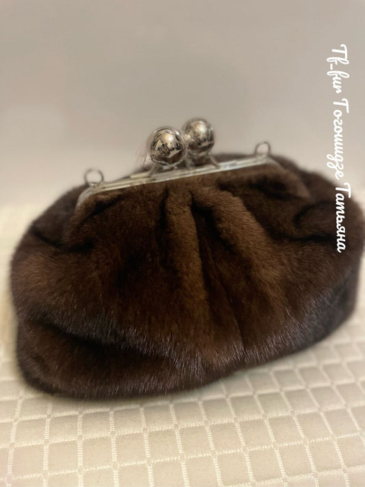 Brown Mink Fur Handbag-Big Ball Kiss Lock