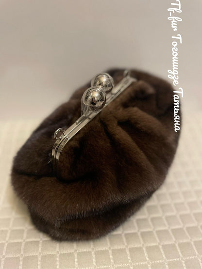 Brown Mink Fur Handbag-Big Ball Kiss Lock