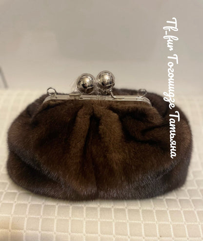 Brown Mink Fur Handbag-Big Ball Kiss Lock