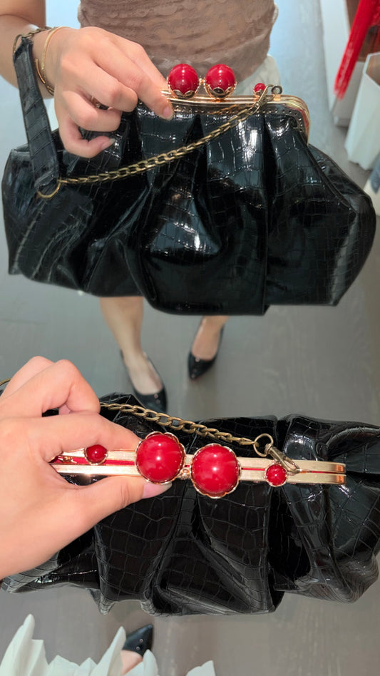 Crocodile Leather Bag-Red Pearl Kiss Lock