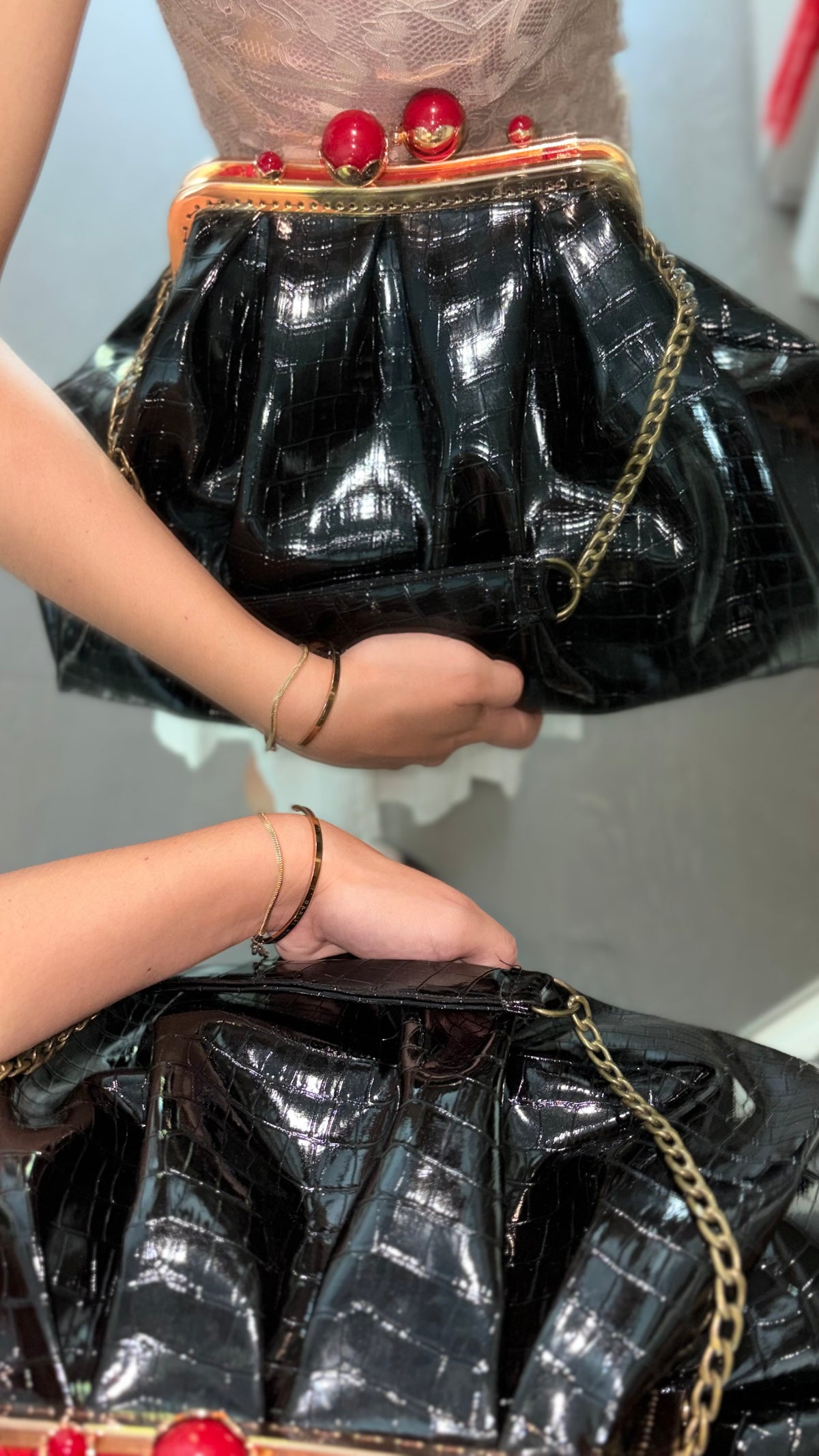 Crocodile Leather Bag-Red Pearl Kiss Lock