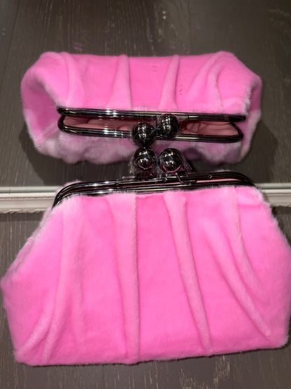 Pink Mink Fur Handbag-Big Ball Kiss Lock