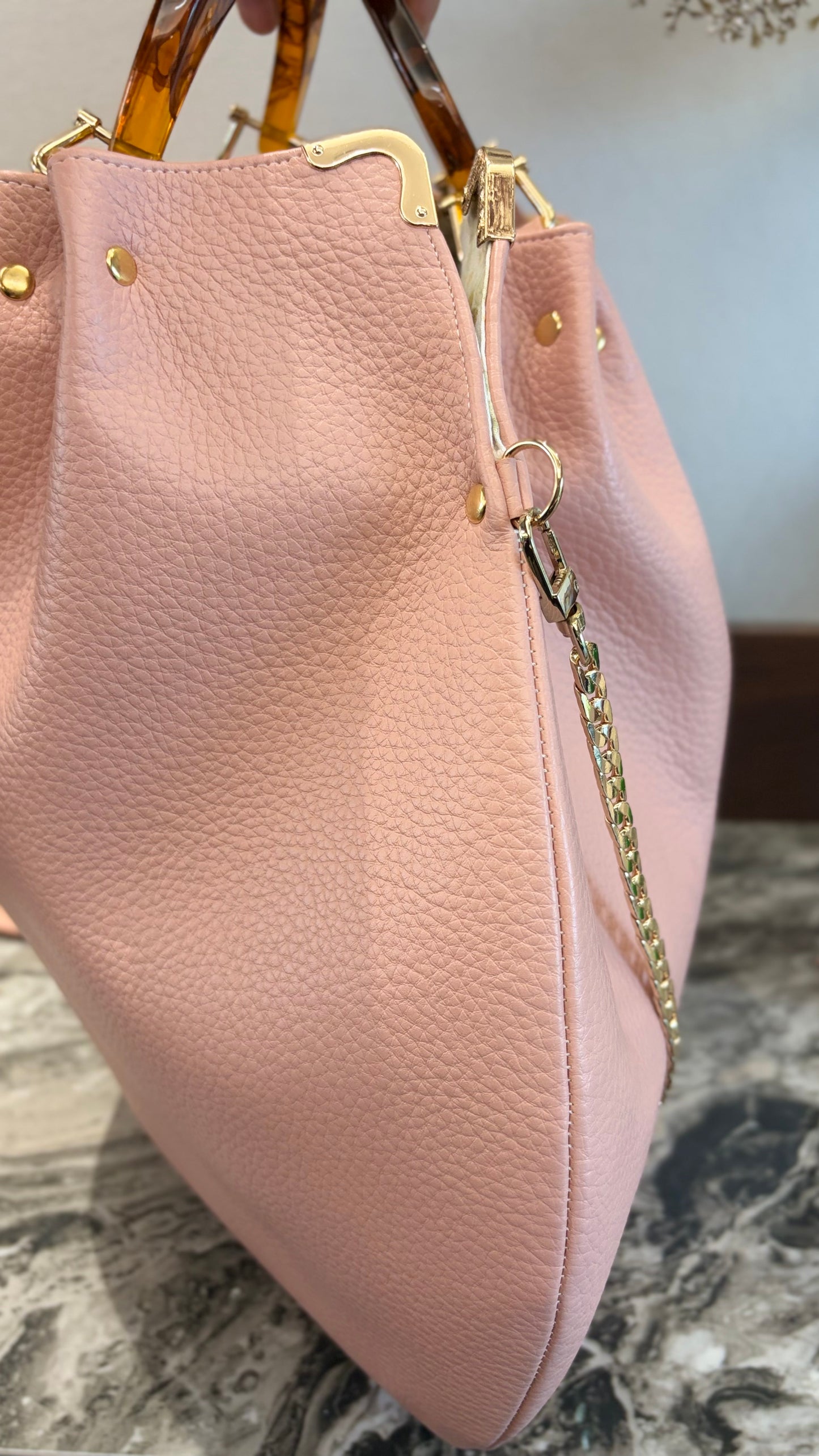 Pink Hanlebag, 49x36cm ,with Resin Tortoiseshell Handle
