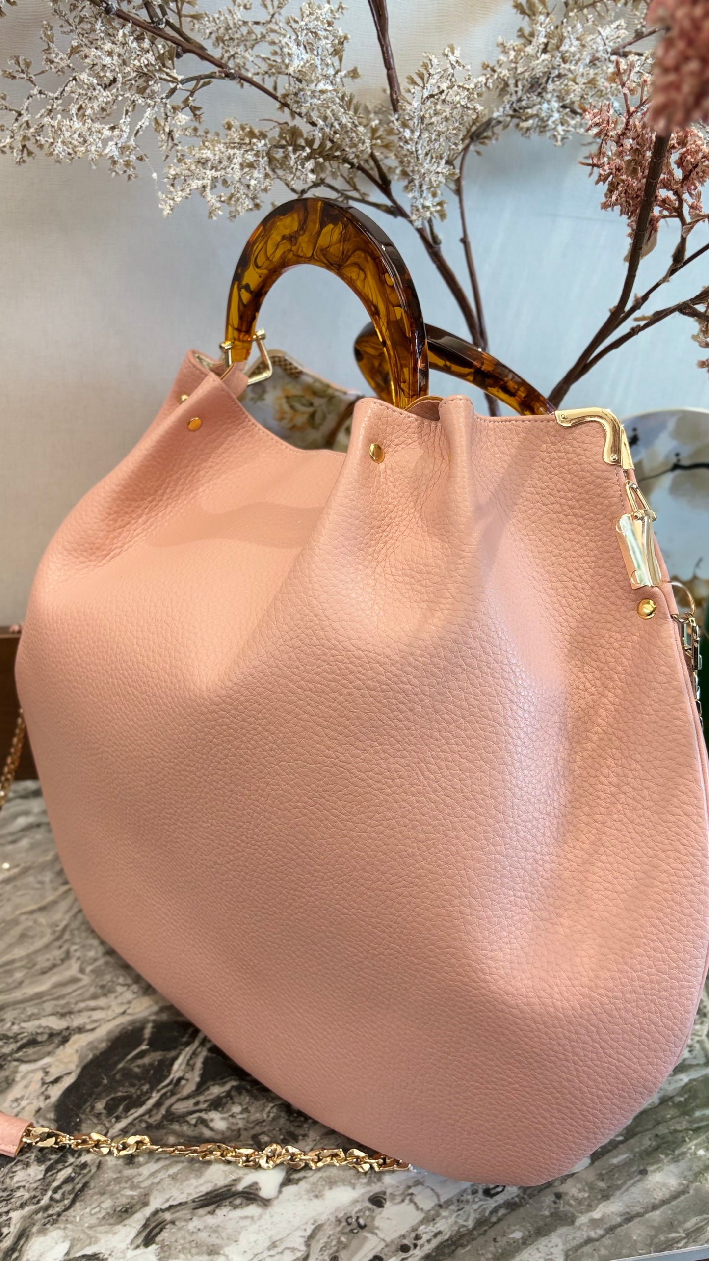 Pink Hanlebag, 49x36cm ,with Resin Tortoiseshell Handle