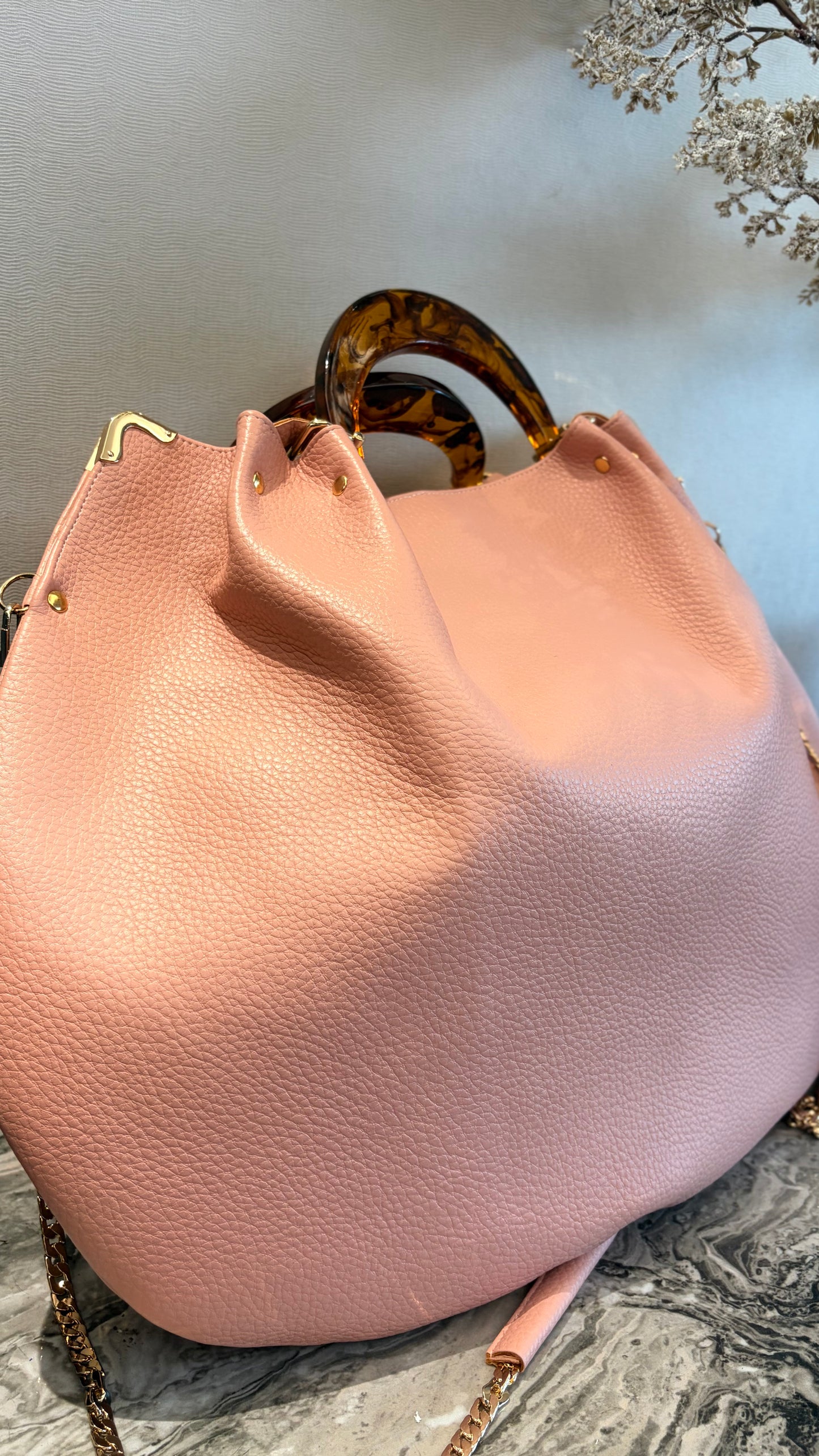 Pink Hanlebag, 49x36cm ,with Resin Tortoiseshell Handle