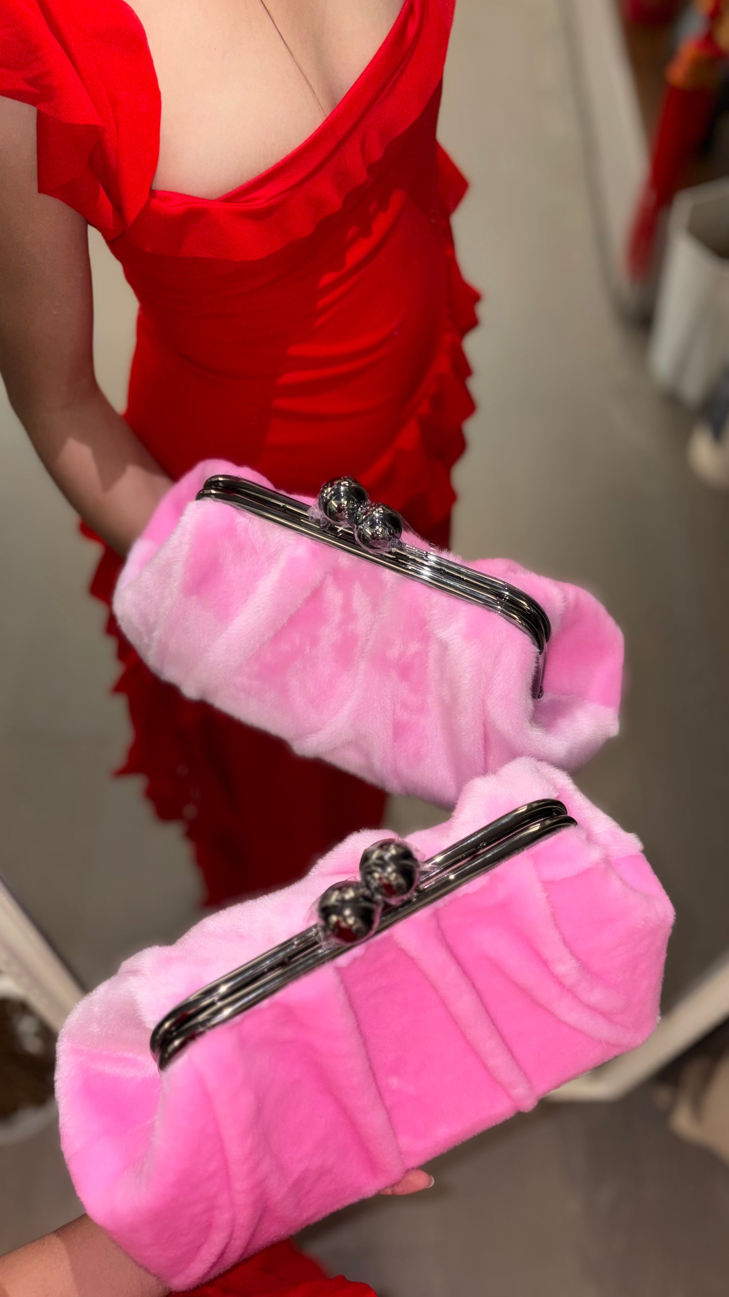 Pink Mink Fur Handbag-Big Ball Kiss Lock