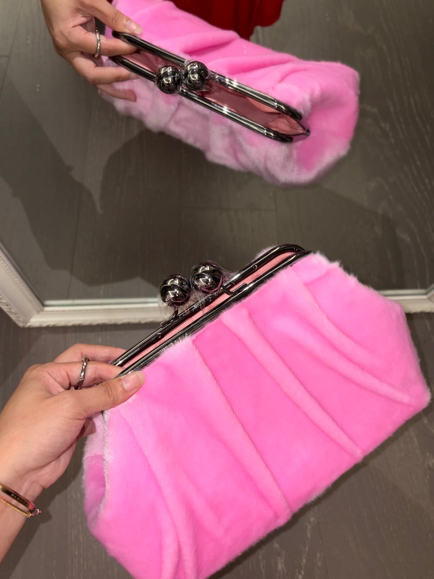Pink Mink Fur Handbag-Big Ball Kiss Lock