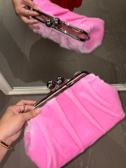Pink Mink Fur Handbag-Big Ball Kiss Lock