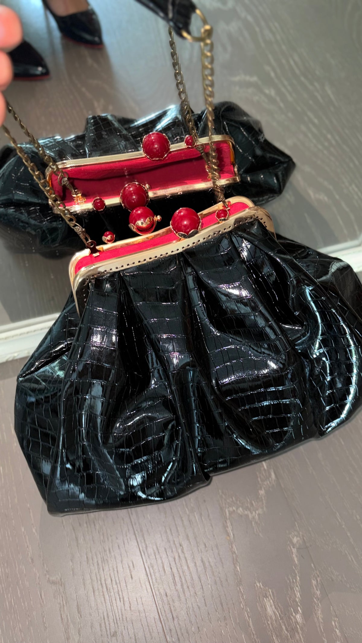 Crocodile Leather Bag-Red Pearl Kiss Lock