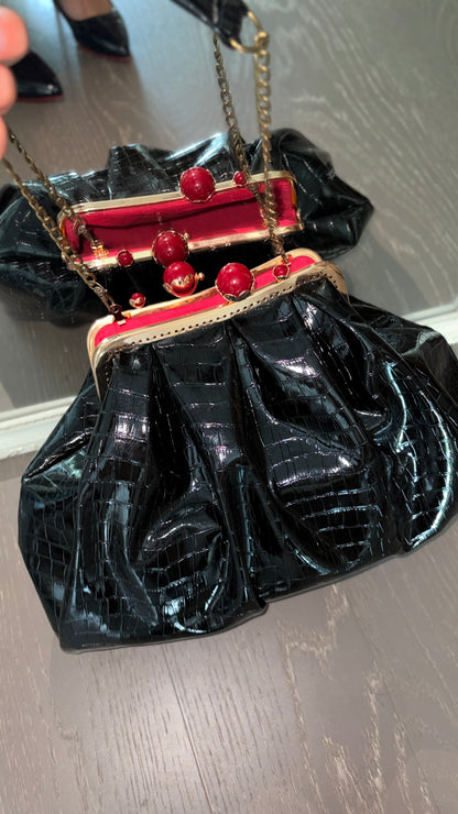 Crocodile Leather Bag-Red Pearl Kiss Lock