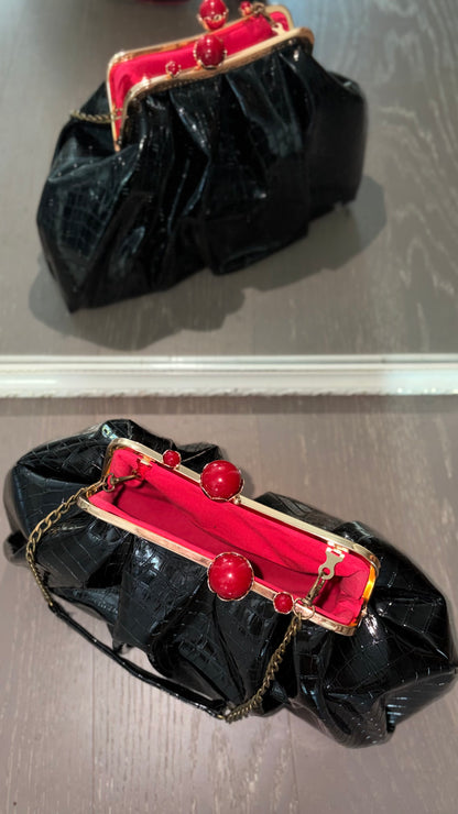 Crocodile Leather Bag-Red Pearl Kiss Lock