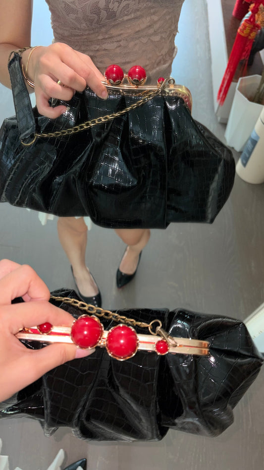 Crocodile Leather Bag-Red Pearl Kiss Lock