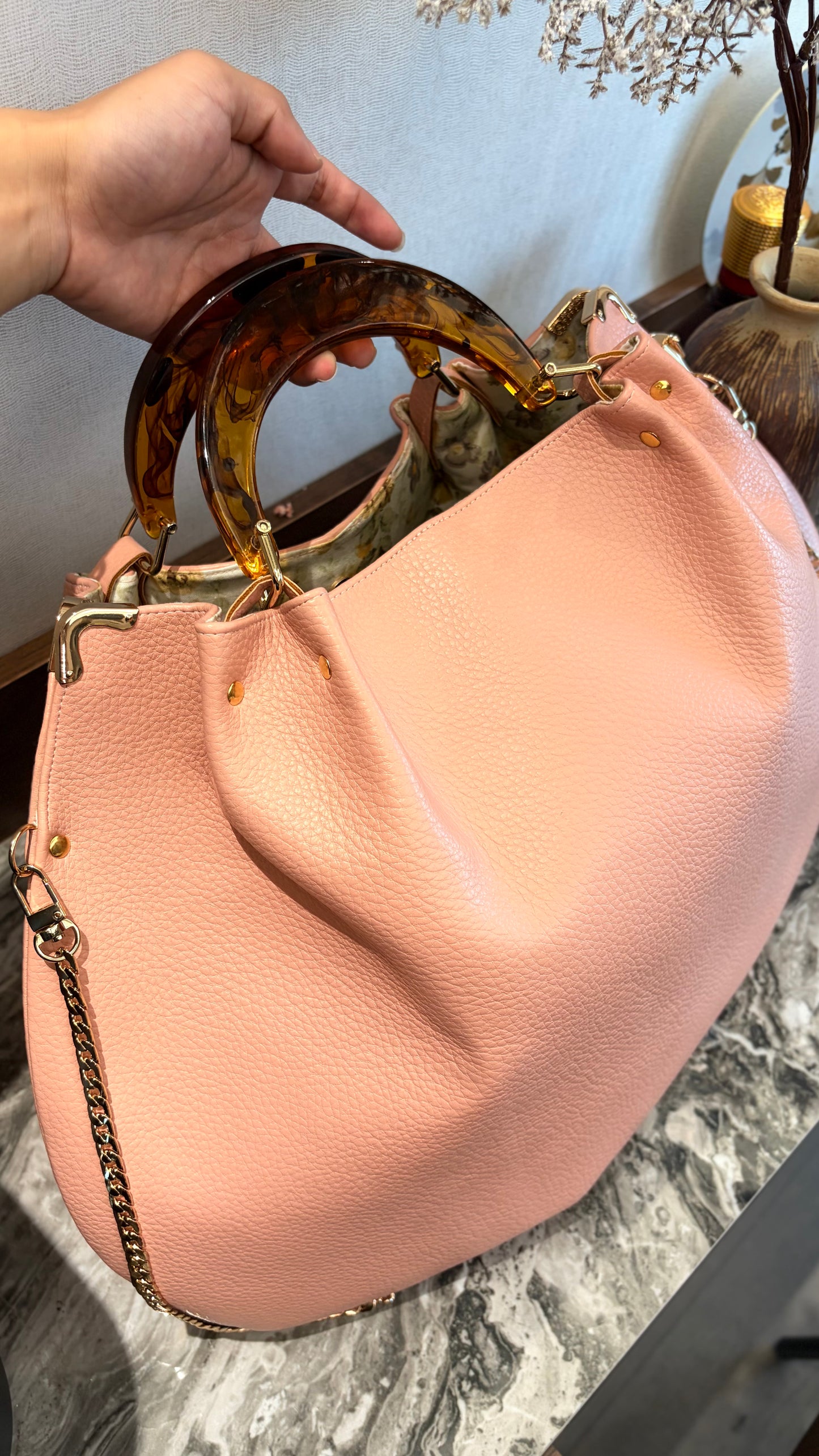 Pink Hanlebag, 49x36cm ,with Resin Tortoiseshell Handle