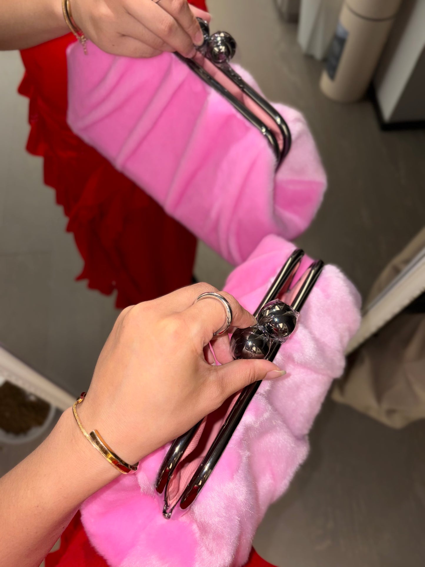 Pink Mink Fur Handbag-Big Ball Kiss Lock