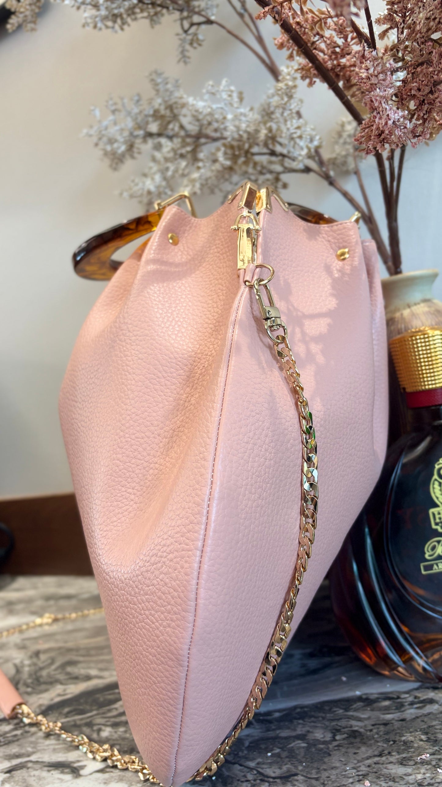 Pink Hanlebag, 49x36cm ,with Resin Tortoiseshell Handle