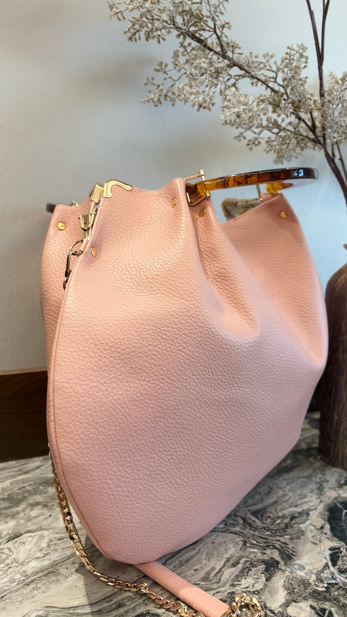 Pink Hanlebag, 49x36cm ,with Resin Tortoiseshell Handle