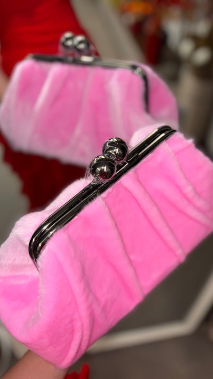Pink Mink Fur Handbag-Big Ball Kiss Lock
