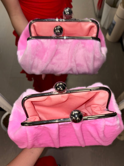 Pink Mink Fur Handbag-Big Ball Kiss Lock