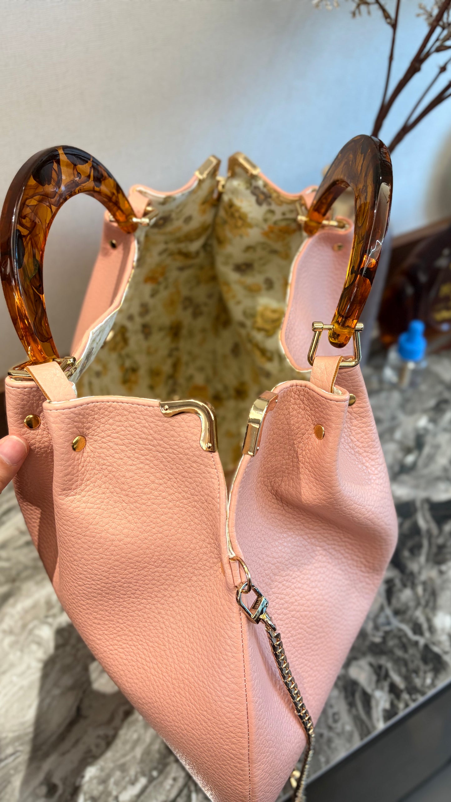 Pink Hanlebag, 49x36cm ,with Resin Tortoiseshell Handle