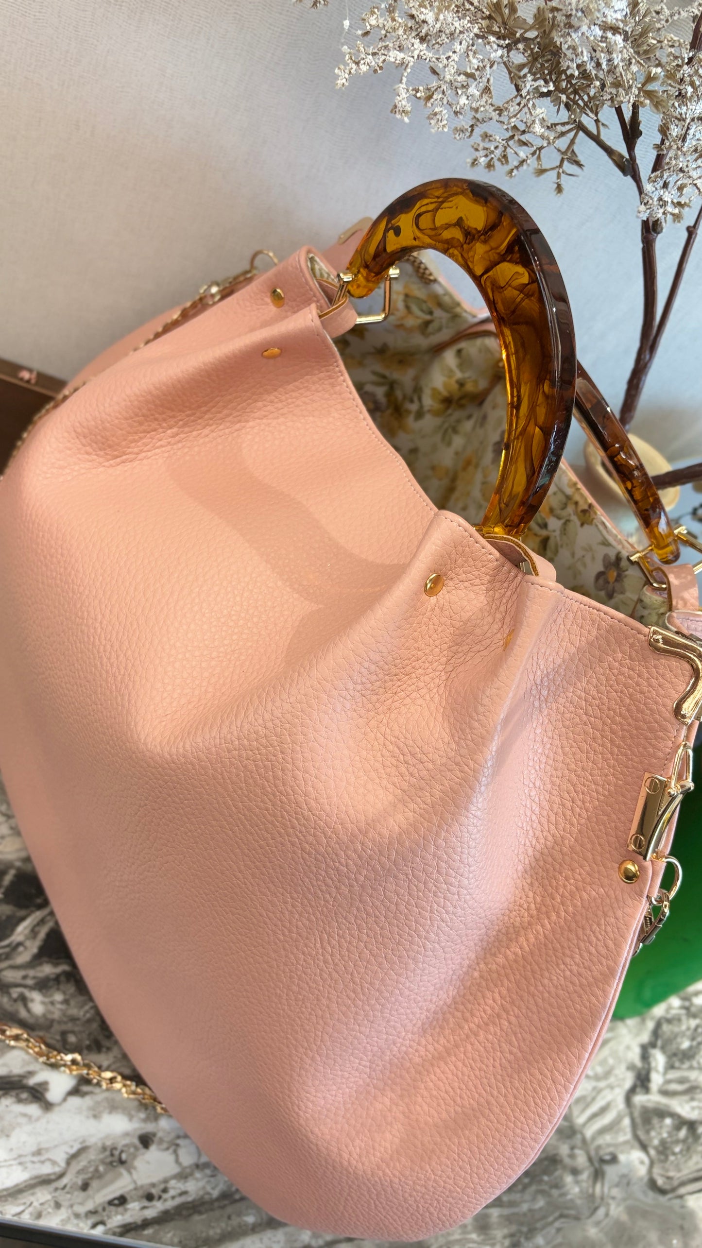 Pink Hanlebag, 49x36cm ,with Resin Tortoiseshell Handle