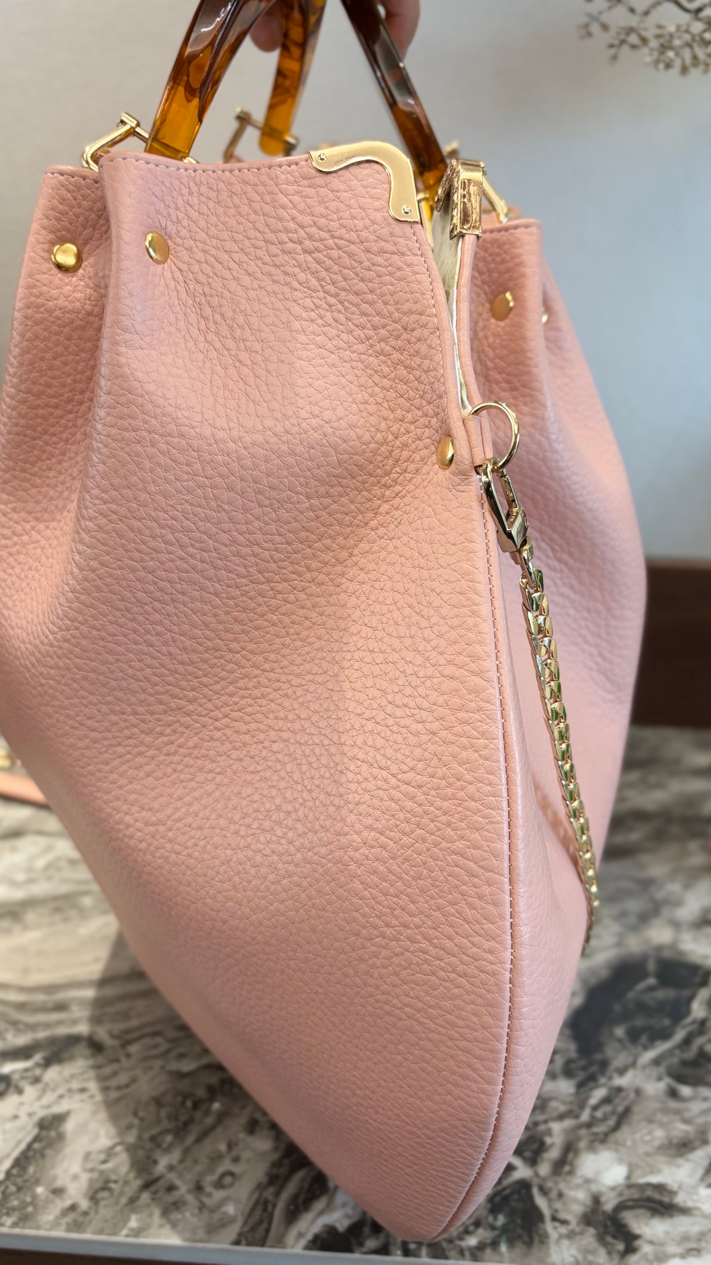 Pink Hanlebag, 49x36cm ,with Resin Tortoiseshell Handle