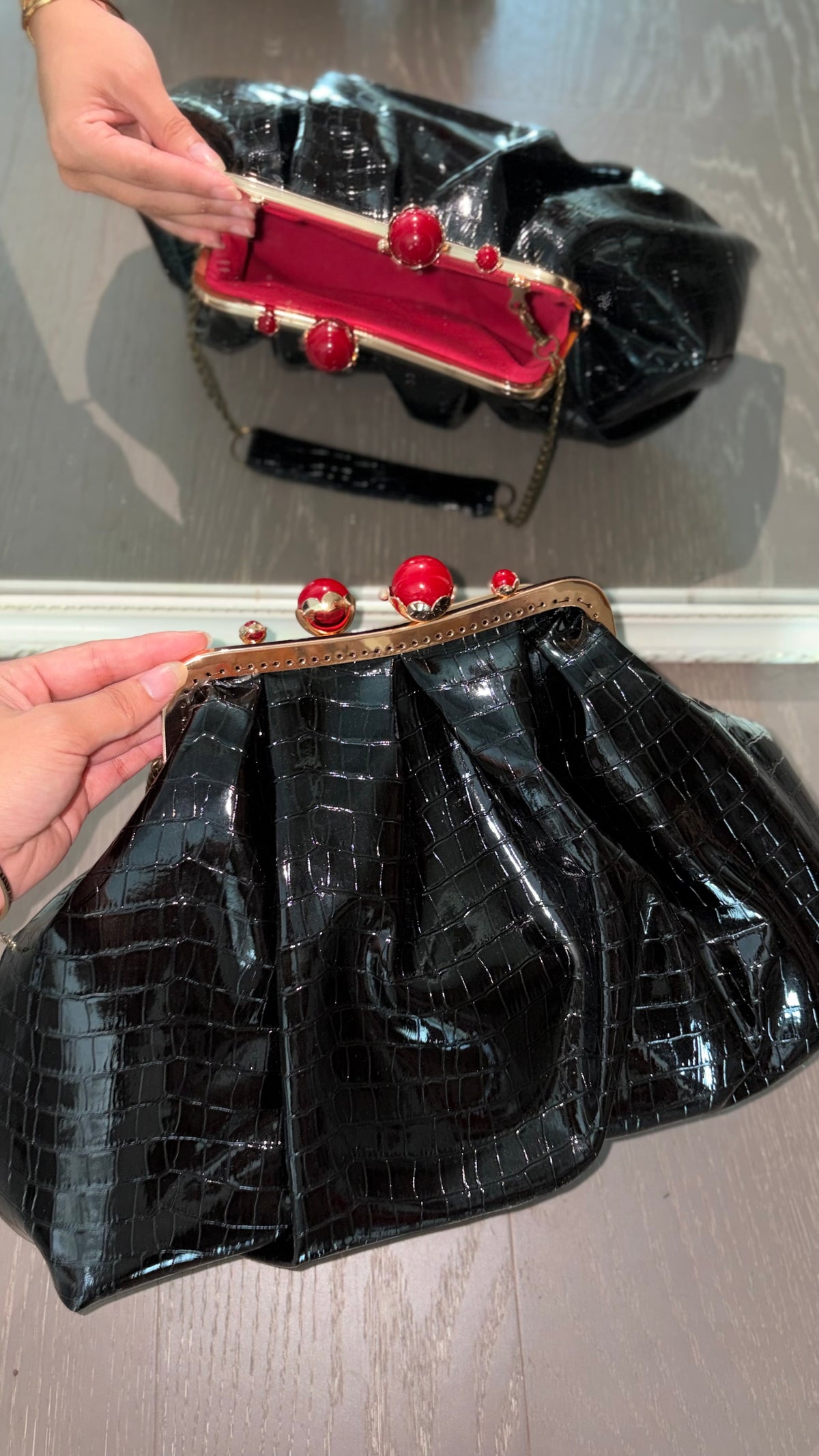 Crocodile Leather Bag-Red Pearl Kiss Lock