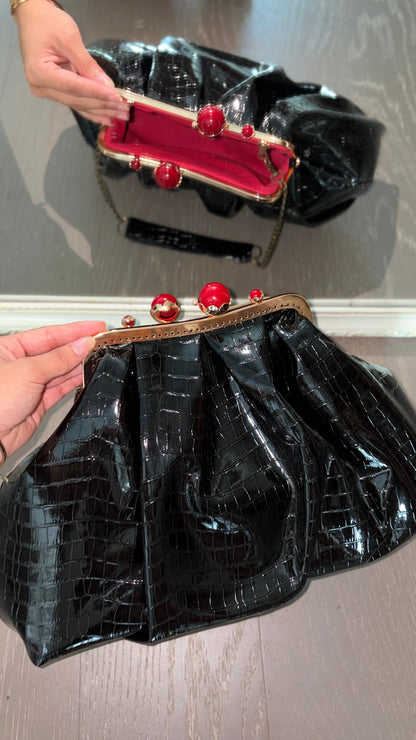 Crocodile Leather Bag-Red Pearl Kiss Lock