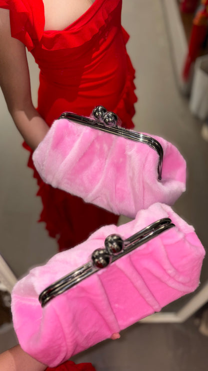 Pink Mink Fur Handbag-Big Ball Kiss Lock