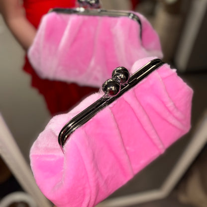 Pink Mink Fur Handbag-Big Ball Kiss Lock