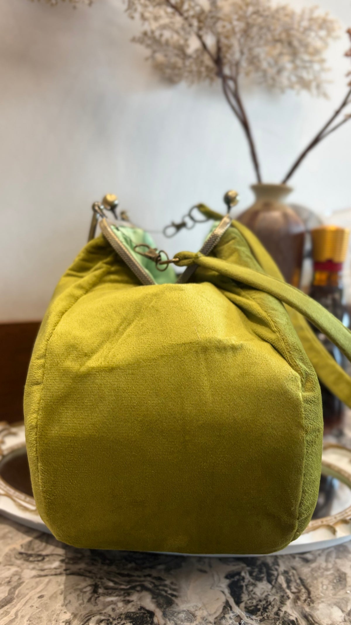 Olive Green Velvet Bag,36x18x12cm