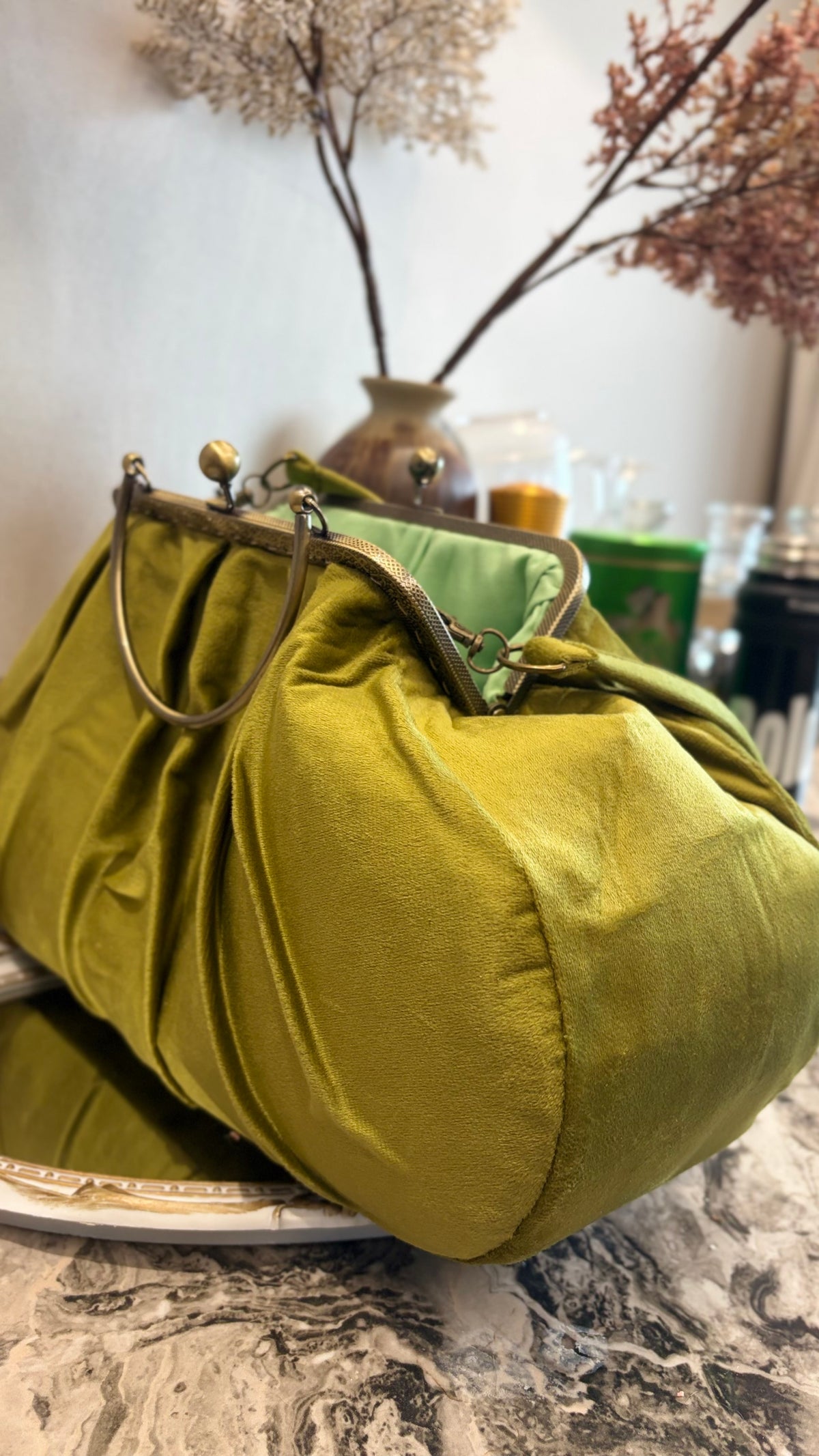 Olive Green Velvet Bag,36x18x12cm
