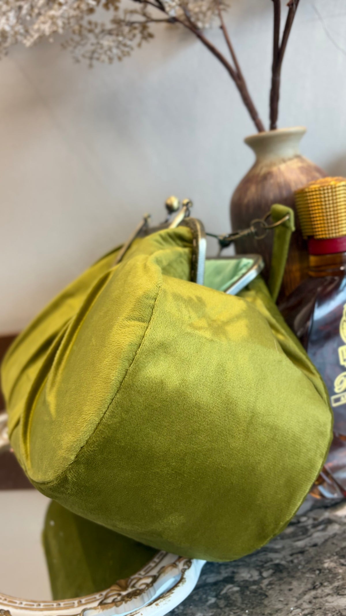 Olive Green Velvet Bag,36x18x12cm