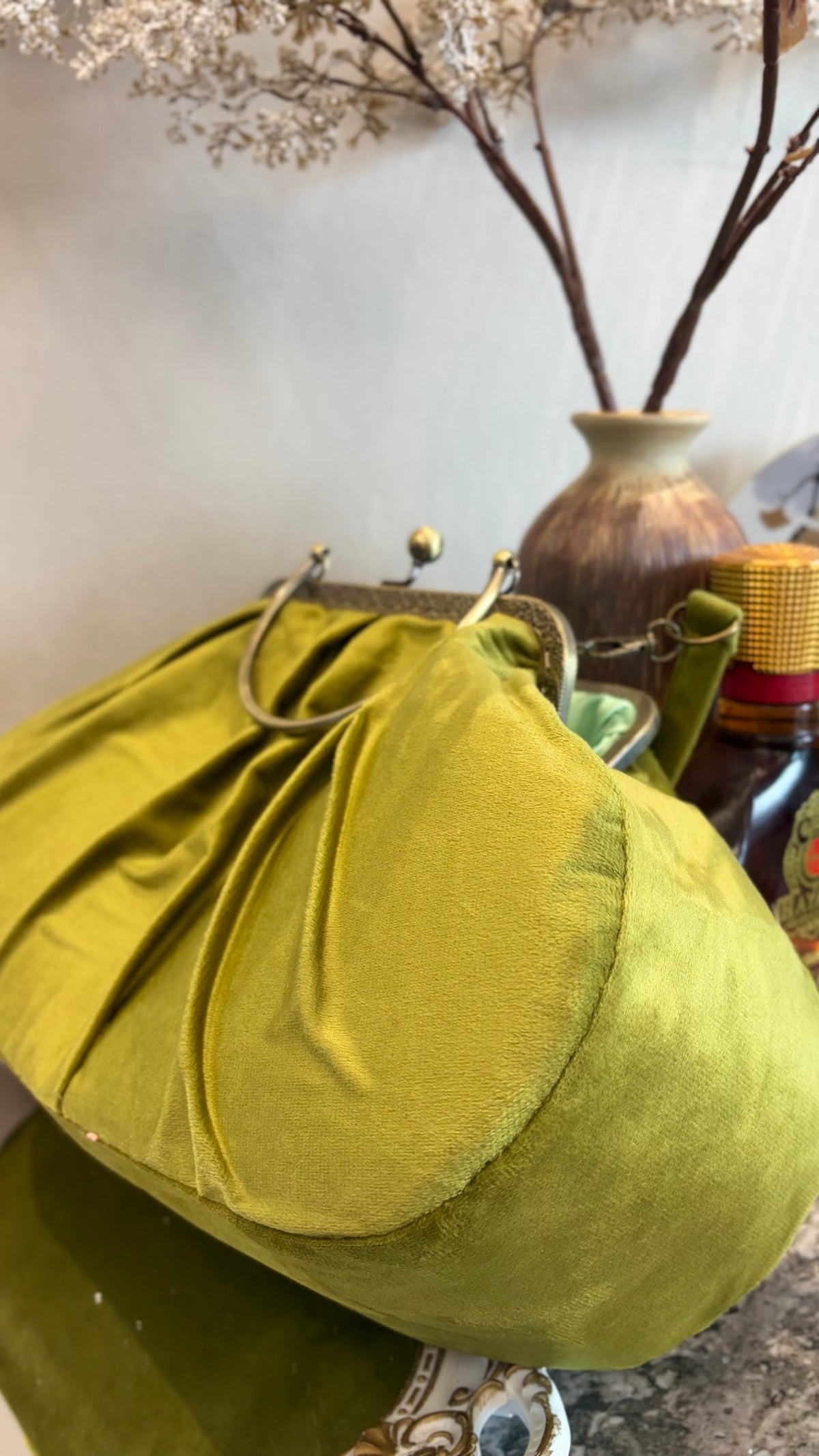 Olive Green Velvet Bag,36x18x12cm