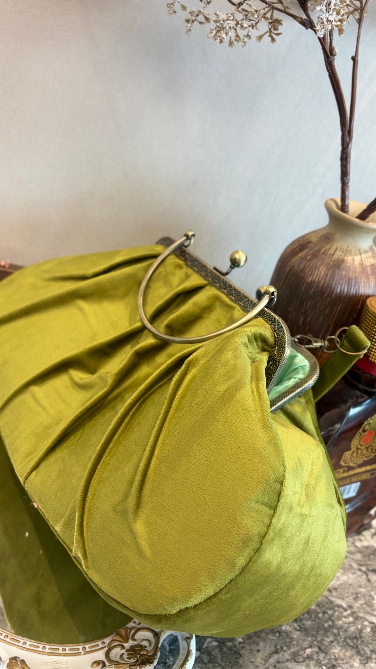 Olive Green Velvet Bag,36x18x12cm