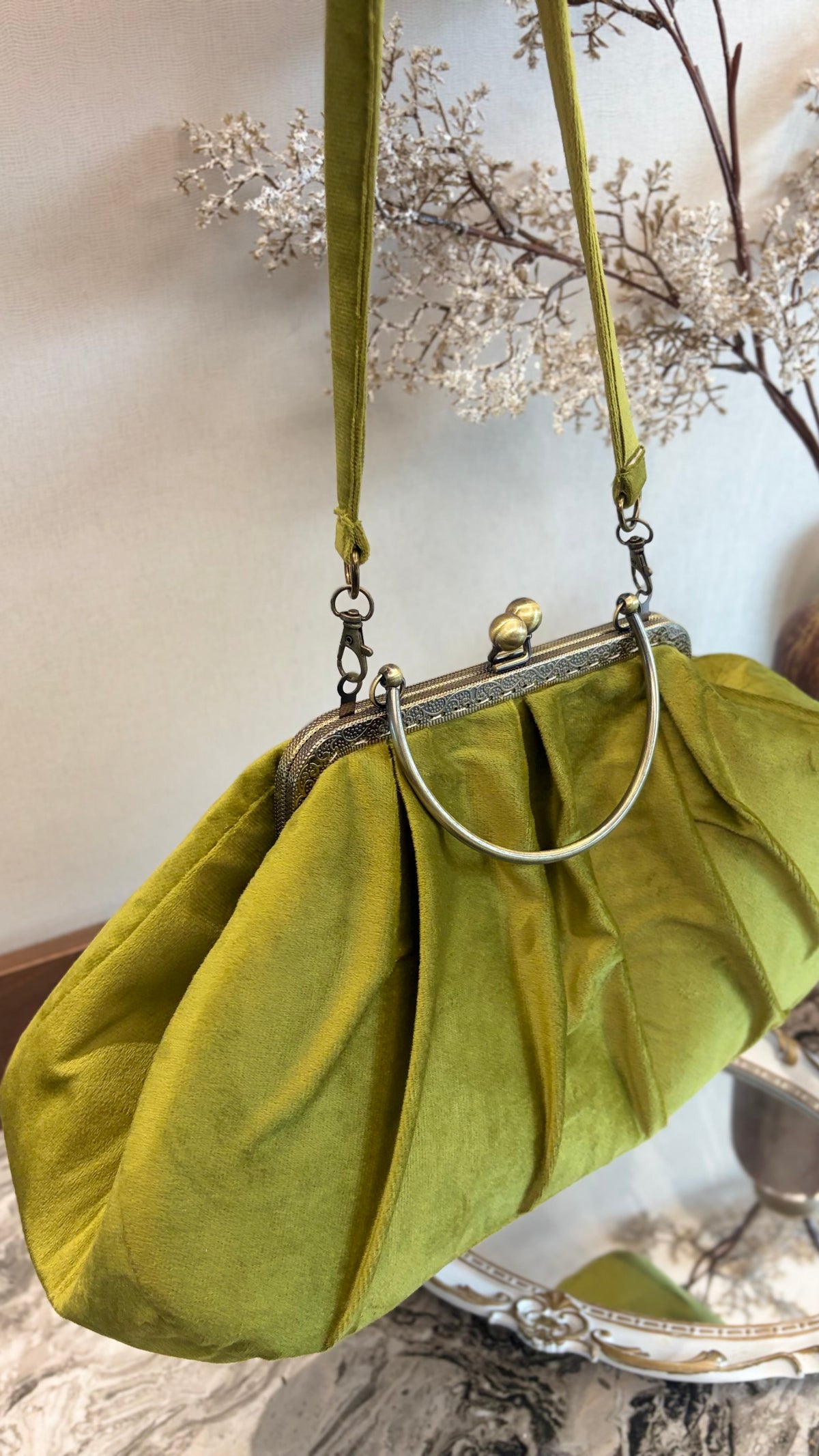 Olive Green Velvet Bag,36x18x12cm