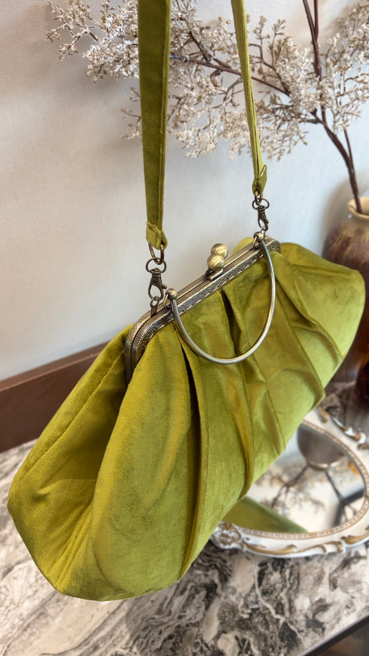 Olive Green Velvet Bag,36x18x12cm