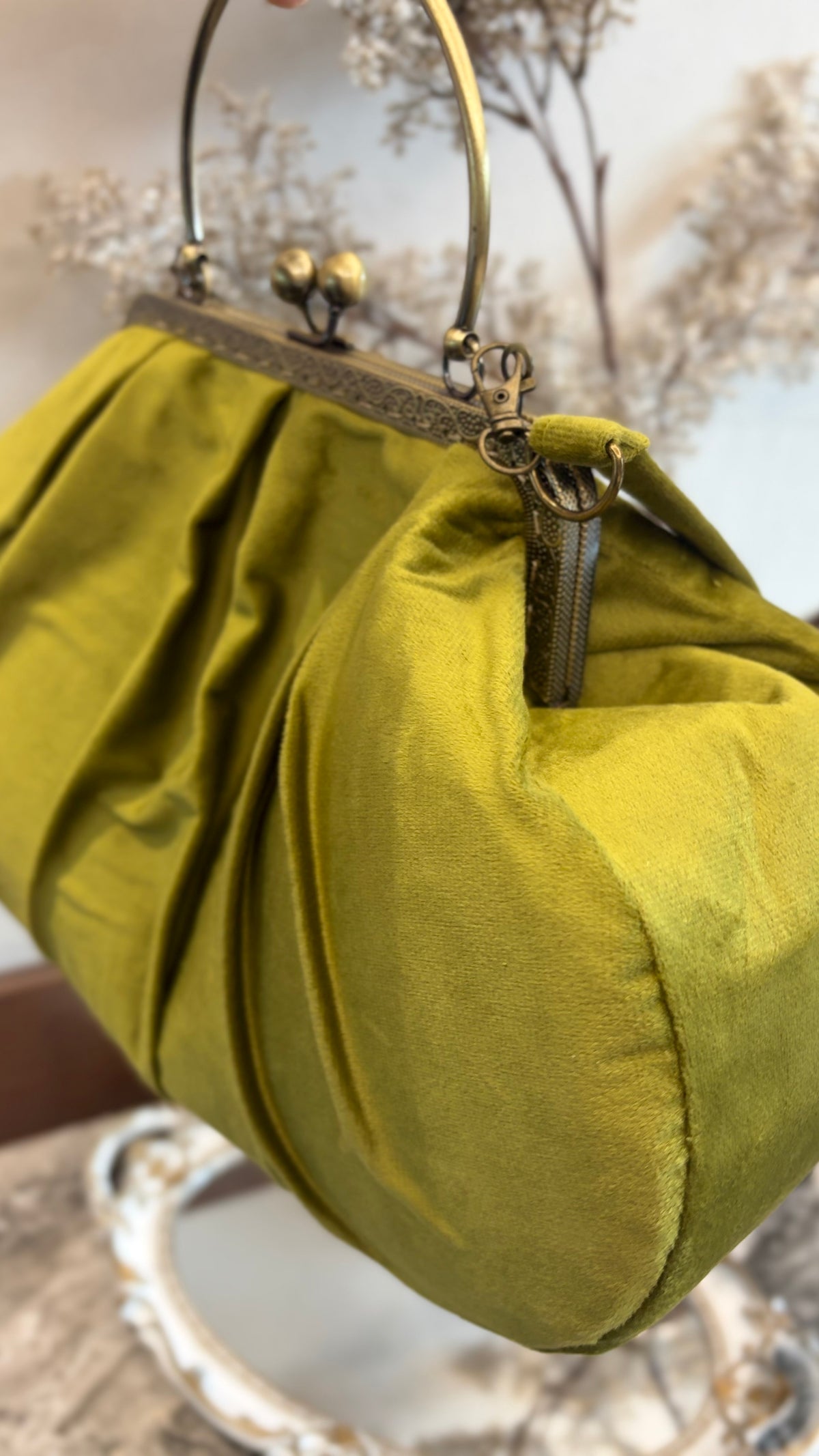 Olive Green Velvet Bag,36x18x12cm