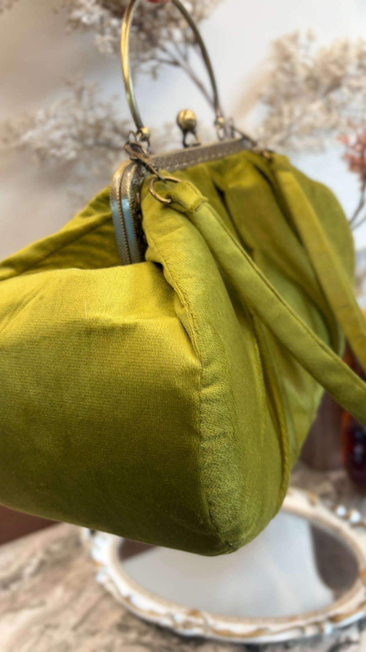Olive Green Velvet Bag,36x18x12cm