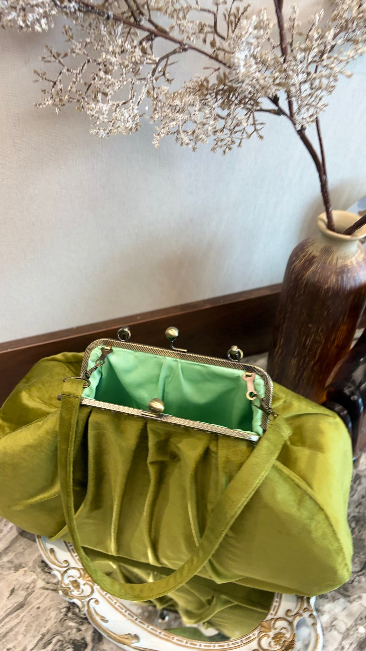 Olive Green Velvet Bag,36x18x12cm