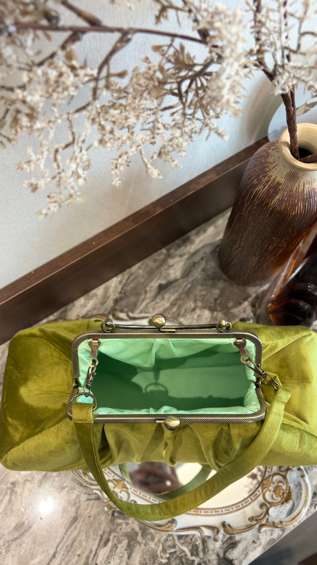 Olive Green Velvet Bag,36x18x12cm