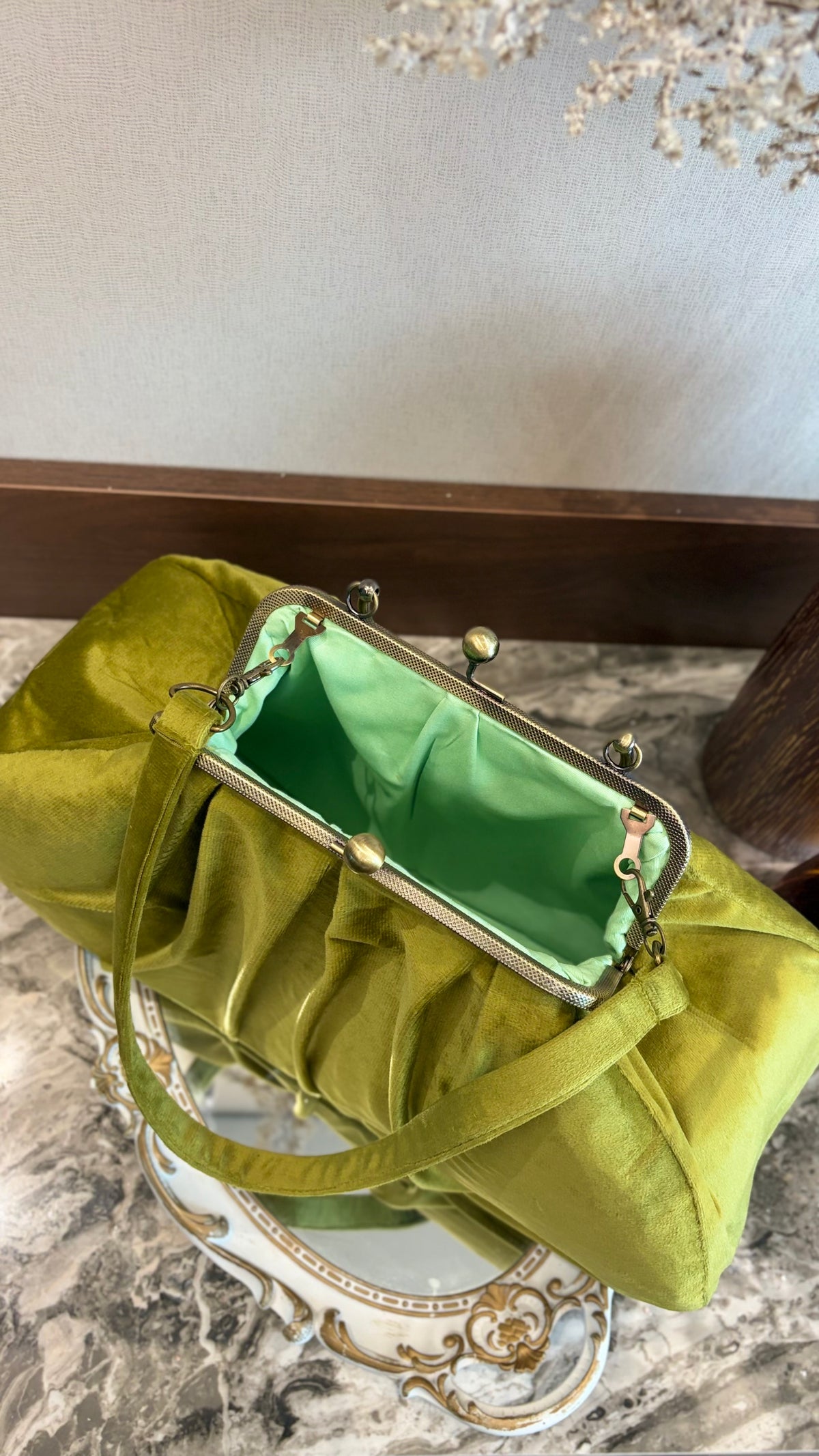 Olive Green Velvet Bag,36x18x12cm
